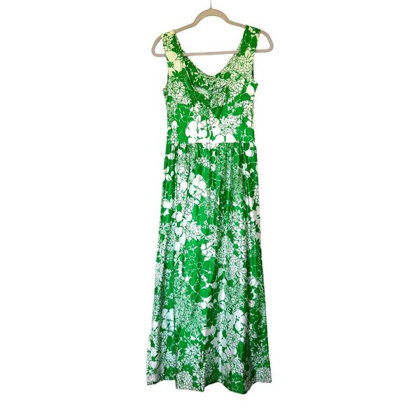 Vintage Waltah Clarkes Hawaiian Floral Maxi Dress‎ Green White Size 12 Neck - Picture 4 of 10
